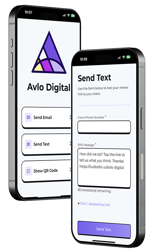 two iPhones. The first shows the home page of the Kudos Catcher app with buttons for sending an email, text message, or showing a QR code. The second iPhone shows the Send Text page of the Kudos Catcher app, with a field to input the client's phone number, a prefilled text message, and a Send Text button.